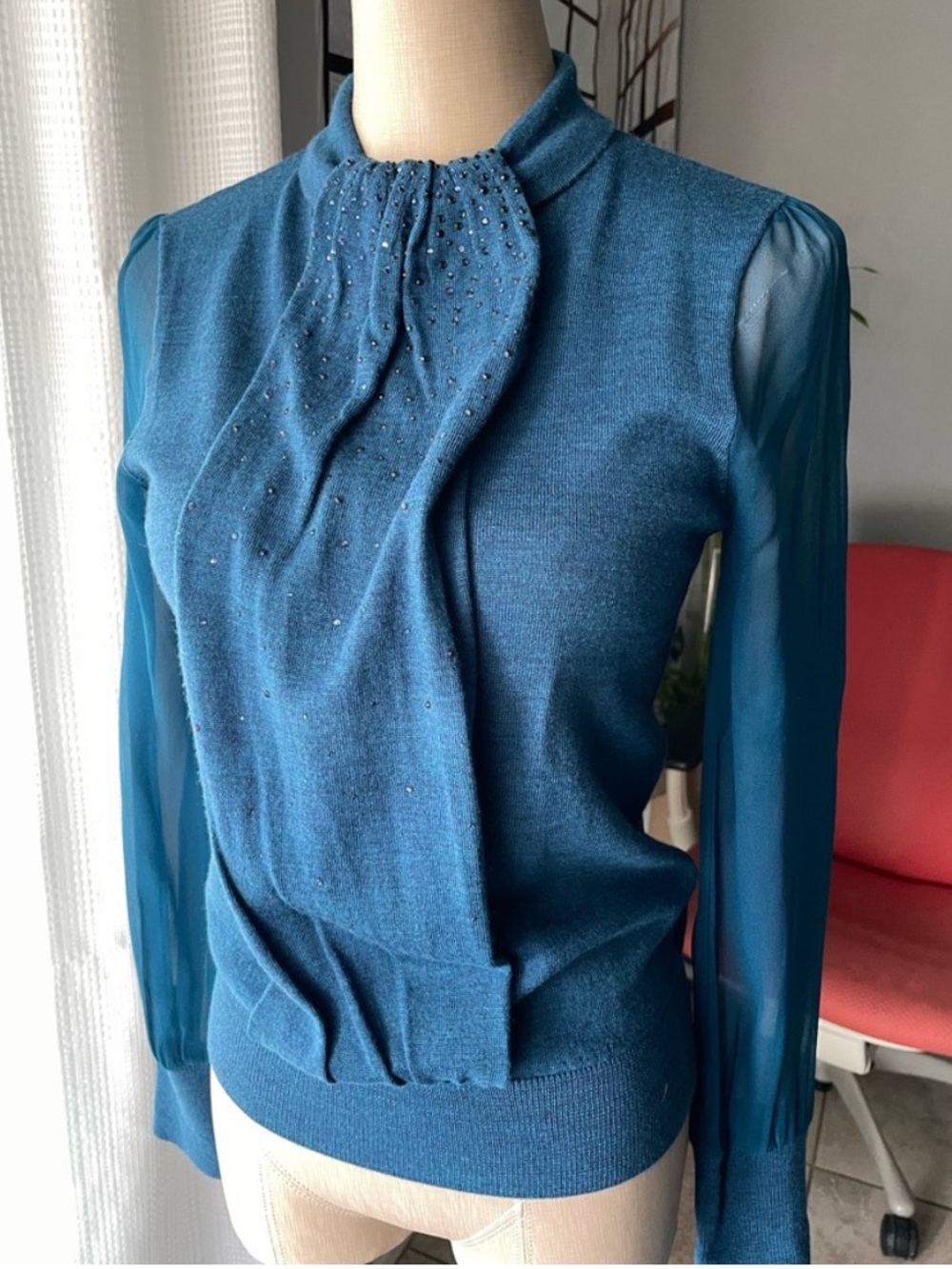 Tory Burch Abitha Wool Sweater with Silk Chiffon Sleeves & Beaded Pleat XS Teal